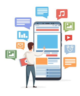 Büyük smartphone ile mobil app ve yanında duran adam. Mobil uygulama simgesi. Beyaz arka plan üzerinde düz vektör çizim.