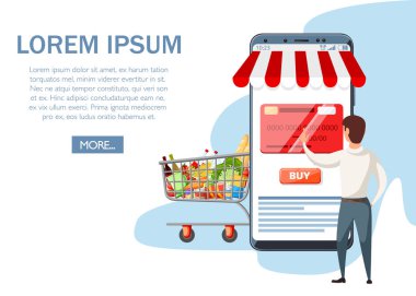 Büyük smartphone ile mobil app ve yanında duran adam. Online süpermarket, yiyecek yemek listesi. Kavram'gıda dır. Düz vektör çizim. Web sayfası ve app tasarım.