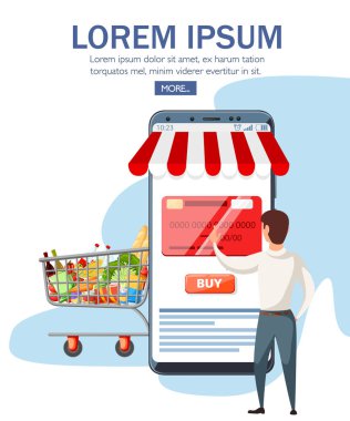 Büyük smartphone ile mobil app ve yanında duran adam. Online süpermarket, yiyecek yemek listesi. Kavram'gıda dır. Düz vektör çizim. Web sayfası ve app tasarım.