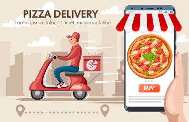 Pizza teslim kurye ve smartphone uygulama gıda kurye gövde durum kutusu ile kırmızı retro scooter üzerinde ile gülümseyen. . Çizgi film karakter tasarımı. Şehir manzara arka plan üzerinde düz vektör çizim.