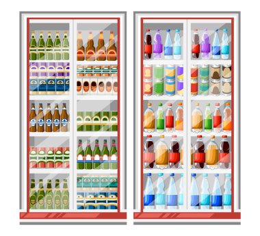 Buzdolabı içecekler için. Dolap dolusu su şişe. Farklı renkli şişe içki buzdolabı içinde. Beyaz arka plan üzerinde izole düz vektör çizim.