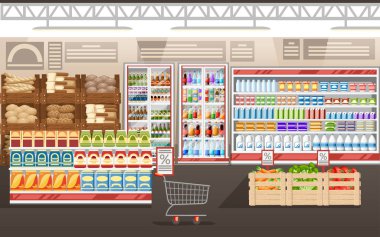 Süpermarket illüstrasyon. Mağaza İç mal ile. Büyük alışveriş merkezi. Raflar, buzdolabı ve arabaları. Ahşap kutular turşu. Vektör çizim.