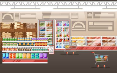 Süpermarket illüstrasyon. Mağaza İç mal ile. Büyük alışveriş merkezi. Raflar, buzdolabı ve arabaları. Peynir ve et ile buzdolabı. Vektör çizim.