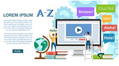 Dil Okulu kavramı afiş. Monitör, kitaplar ve insanlar. Online eğitim kavramı. Beyaz arka plan üzerinde düz vektör çizim. Web sayfası ve mobil uygulaması tasarım.