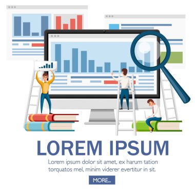 Dil Okulu kavramı afiş. Monitör, kitaplar ve insanlar. Online eğitim kavramı. Beyaz arka plan üzerinde düz vektör çizim. Web sayfası ve mobil uygulaması tasarım.