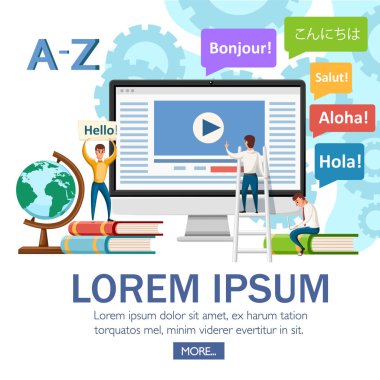 Dil Okulu kavramı afiş. Monitör, kitaplar ve insanlar. Online eğitim kavramı. Beyaz arka plan üzerinde düz vektör çizim. Web sayfası ve mobil uygulaması tasarım.