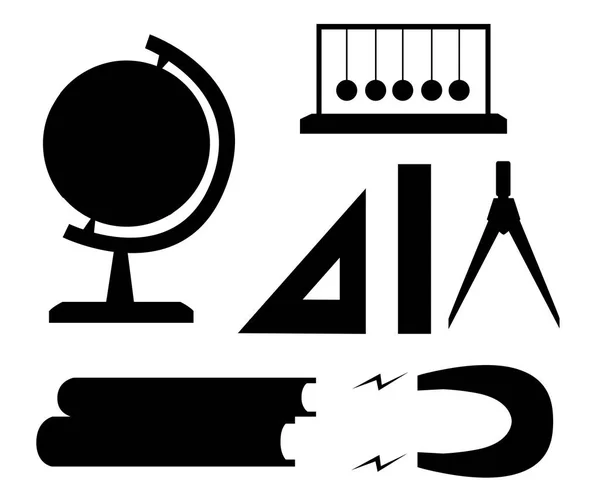 Schwarze Silhouette Sammlung Von Bildungsmaterialien Bücher Lineal Zirkel Globus Magnet — Stockvektor