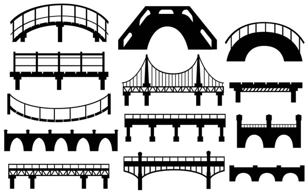 黑色剪影 收集不同的网桥 城市建筑平面图标 在白色背景查出的向量例证 — 图库矢量图片