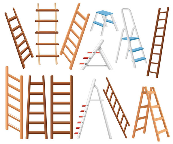 Collection of metal and wooden ladders. Different types of stepladders. Flat vector illustration isolated on white background.
