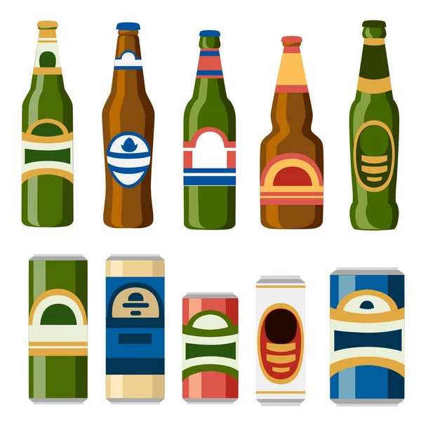 Collectie Voor Bierblikjes Flessen Platte Pictogram Van Sjabloon Alcoholische Drank — Stockvector