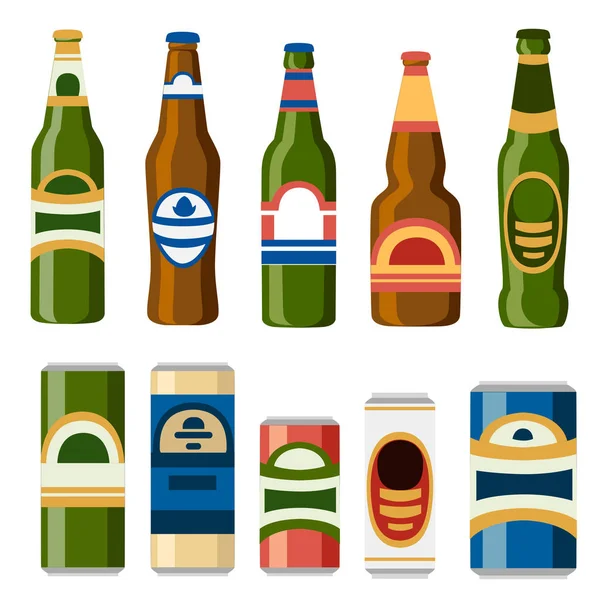 Colección Latas Cerveza Botellas Plantilla Icono Plano Bebida Alcohólica Ilustración — Archivo Imágenes Vectoriales