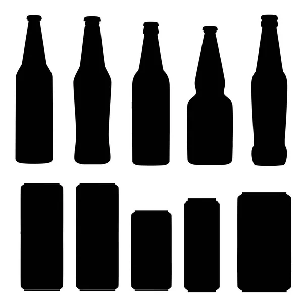 Чорний Силует Колекція Пивних Банок Пляшок Шаблон Плоскої Піктограми Алкогольний — стоковий вектор