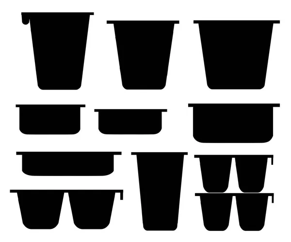 Черный Силуэт Набор Контейнеров Йогурта Упаковка Шаблона Йогурта Мусса Пластиковый — стоковый вектор