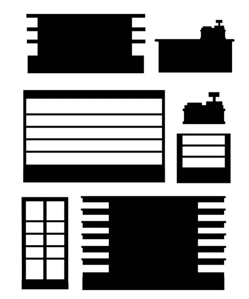 黑色剪影 一套超市货架 冰箱和收银机 在白色背景查出的平面向量例证 — 图库矢量图片