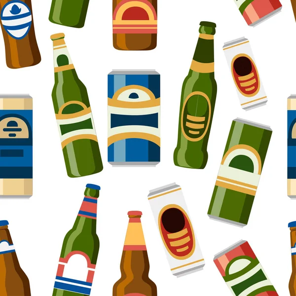 Patrón Sin Costuras Colección Latas Cerveza Botellas Plantilla Icono Plano — Vector de stock