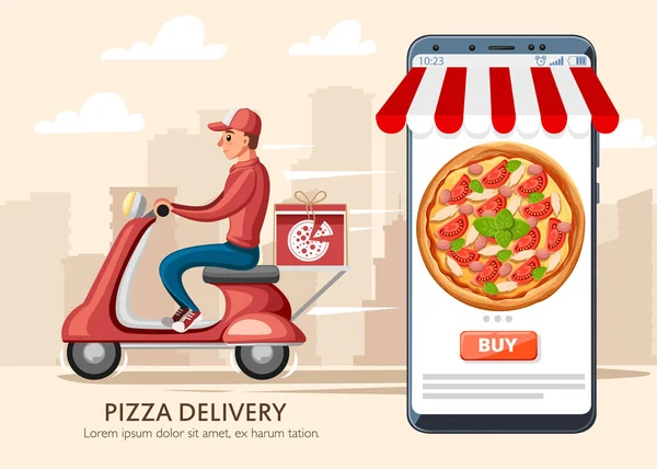 Smiling Pizza Delivery Courier Smartphone Con App Servicio Mensajería Comida — Archivo Imágenes Vectoriales