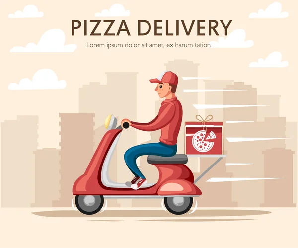 Gülümseyen pizza teslim kurye. Gövde durum kutusu ile kırmızı retro scooter üzerinde gıda kurye. Pizza teslimatı. Çizgi film karakter tasarımı. Şehir manzara arka plan üzerinde düz vektör çizim.