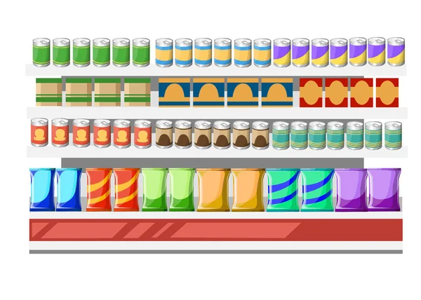 Supermarktregale Mit Produkten Papier Und Metallbehälter Mit Lebensmitteln Flache Vektordarstellung — Stockvektor