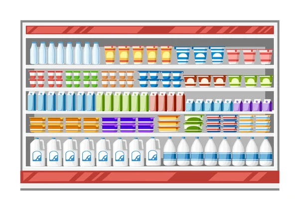 Mostra Geladeira Para Resfriamento Produtos Lácteos Diferentes Garrafas Coloridas Caixas — Vetor de Stock