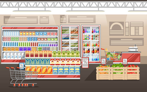Supermarket illustration. Store interior with goods. Big shopping mall. Shelves, fridge, and carts. Wooden boxes with vegetables. Cash register. Vector illustration.