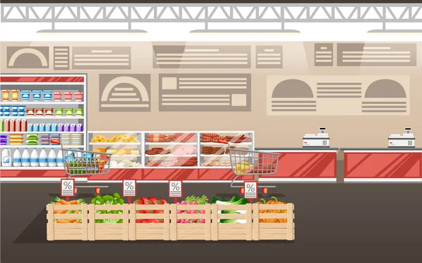 超市插图 商店内部与货物 大商场 冰箱和手推车 木盒蔬菜 向量例证 — 图库矢量图片