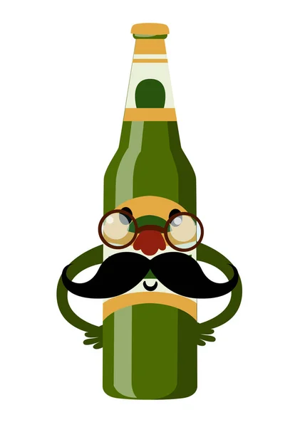 绿色啤酒瓶吉祥物 平面风格的卡通人物设计 杯子和胡子的瓶子 在白色背景查出的向量例证 — 图库矢量图片