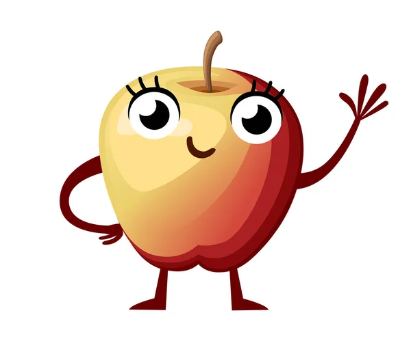 Gelbes Apfelmaskottchen Zeichentrickfiguren Design Lächelnder Apfel Winkt Mit Einem Gruß — Stockvektor