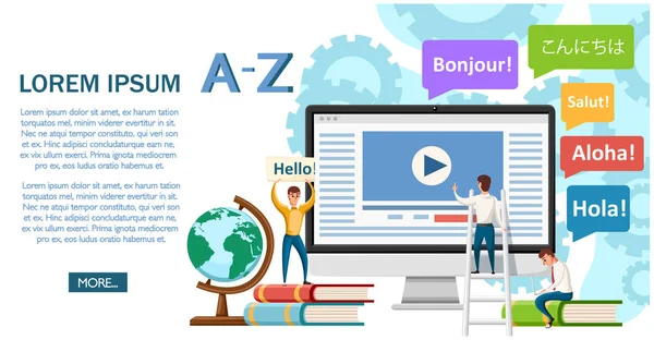 Dil Okulu kavramı afiş. Monitör, kitaplar ve insanlar. Online eğitim kavramı. Beyaz arka plan üzerinde düz vektör çizim. Web sayfası ve mobil uygulaması tasarım.