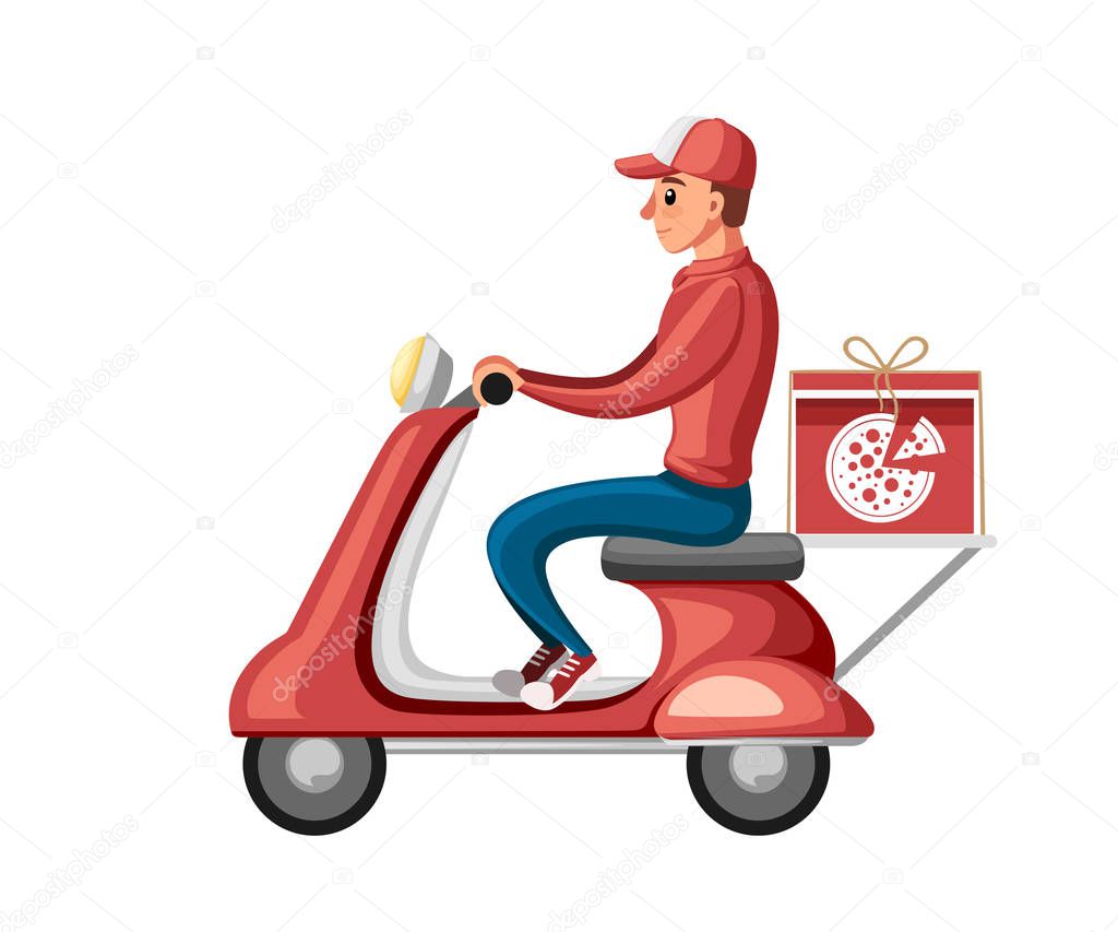 Smiling pizza delivery courier. Food courier on red retro scooter with trunk case box. Pizza delivery. Cartoon character design. Flat vector illustration isolated on white background.