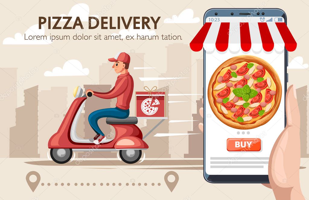 Smiling pizza delivery courier and smartphone with app. Food courier on red retro scooter with trunk case box. . Cartoon character design. Flat vector illustration on city landscape background.