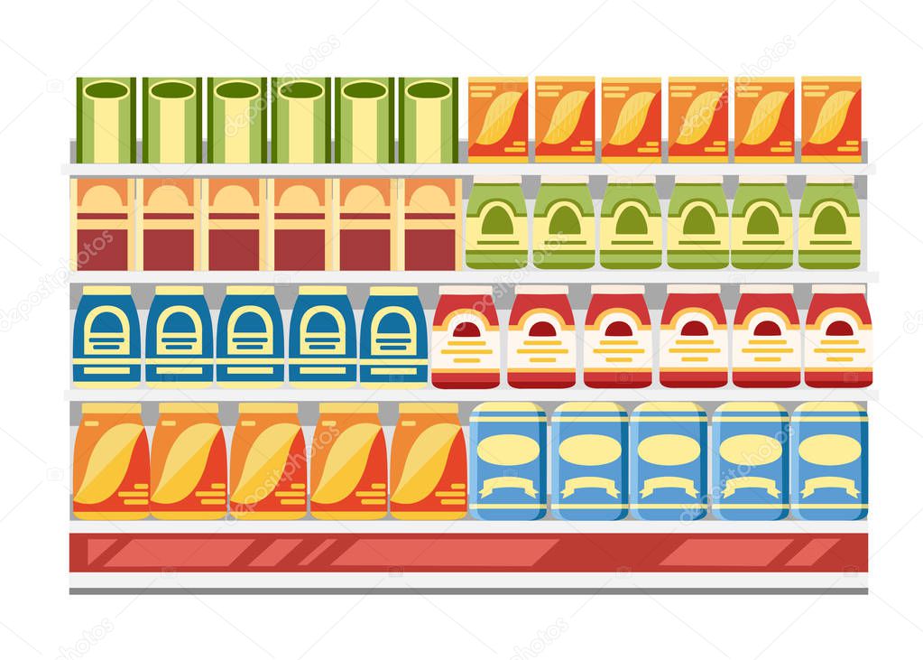 Supermarket shelves with products. Paper boxes with food. Flat vector illustration isolated on white background.