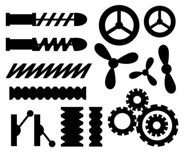 Siyah siluet. Dişli tekerlekler, metal topluluğu yaylar ve mekanizma Icons set. Beyaz arka plan üzerinde izole düz vektör çizim.