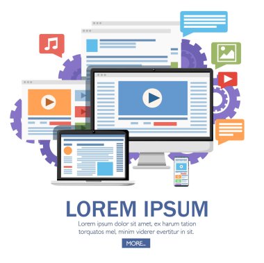 Web sitesi geliştirme kavramı. Laptop, monoblok, smartphone uyumluluk. Düz tasarım stili. Vektör çizim vites beyaz zemin üzerine. Web sayfası ve mobil uygulaması tasarım.