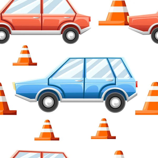 Naadloze Patroon Verkeerskegels Blauwe Rode Auto Platte Vectorillustratie Witte Achtergrond — Stockvector
