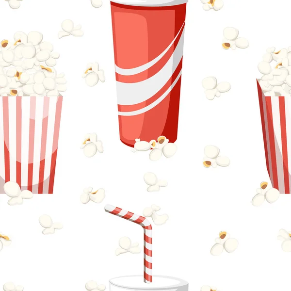 シームレス パターン 赤と白の段ボール箱に赤い紙コップのコーラとポップコーン 白い背景の平面ベクトル イラスト 映画館のための色のアイコン — ストックベクタ