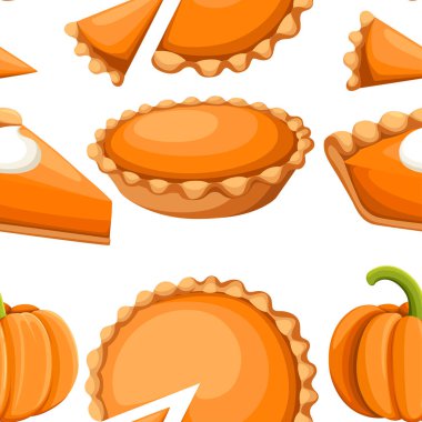 Seamless modeli. Pasta Illustration.Thanksgiving ve tatil vektör kabak pasta. Mutlu Şükran günü geleneksel kabak pasta üstüne krem şanti ile.
