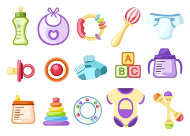 Bebek Icons set. Bebek Oyuncak, şişe ve emzik simgeler. Yeni doğan çocuklar için şablon öğeleri koleksiyonu. Beyaz arka plan üzerinde izole düz vektör çizim.