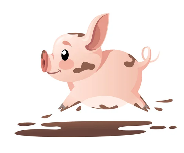 Niedliches Schwein Zeichentrickfiguren Design Laufendes Schwein Schlamm Flache Vektordarstellung Isoliert — Stockvektor