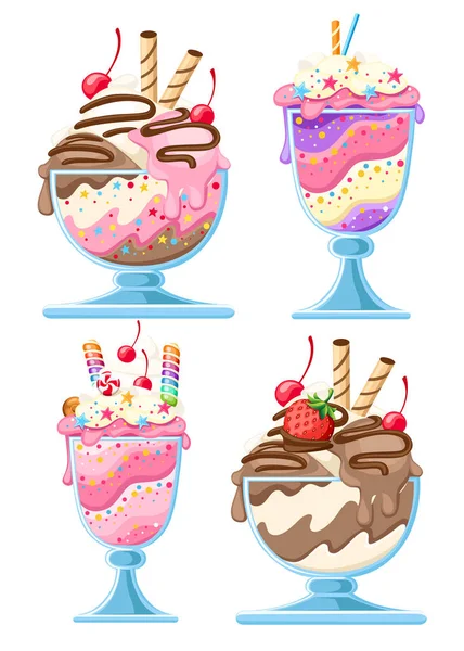 Set Ice Cream Dessert Glass Bowls Fruit Sweet Dessert Wafer — Stock Vector