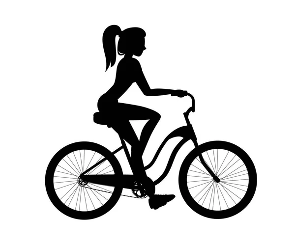 Fekete Sziluettje Gyönyörű Női Kerékpár Lovaglás Kerékpár Sportruházat Lány Karikatúra — Stock Vector
