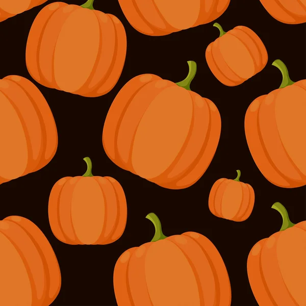 シームレス パターン オレンジ色のカボチャ フラット スタイルの野菜 黒の背景のベクトル図 — ストックベクタ