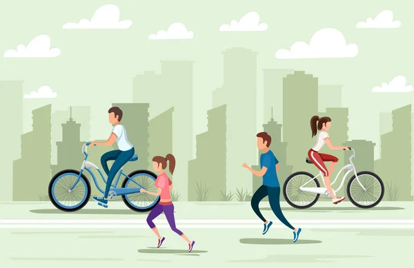 Hermosas Mujeres Hombres Montando Bicicleta Corriendo Gente Ropa Deportiva Diseño — Vector de stock