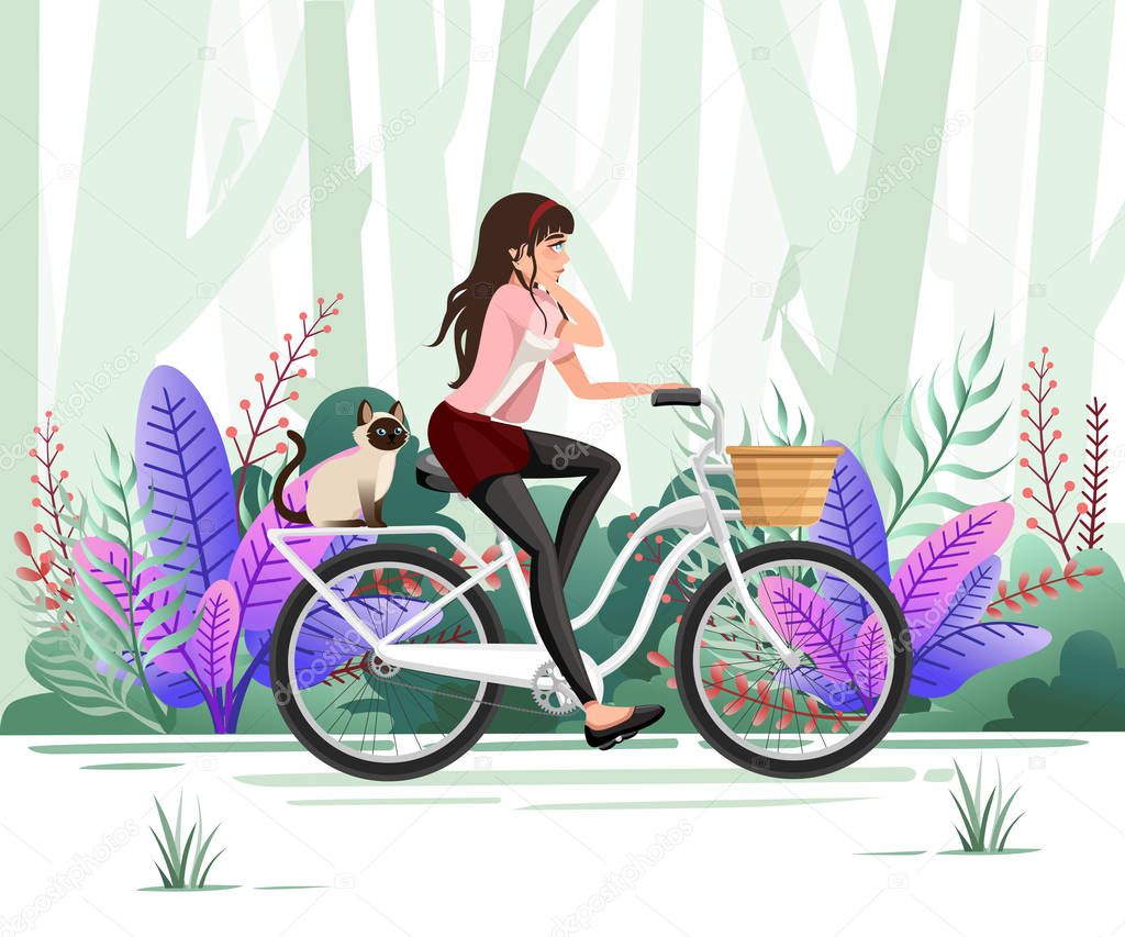 Beautiful women riding bicycle. Cat sit on bicycle. Cartoon character design. Flat vector illustration on forest landscape background.