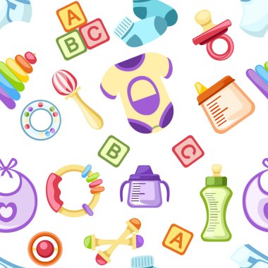 Seamless modeli. Bebek Icons set. Bebek Oyuncak, şişe ve emzik simgeler. Yeni doğan çocuklar için şablon öğeleri koleksiyonu. Beyaz arka plan üzerinde düz vektör çizim.
