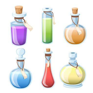 Sihirli iksir kümesi. Renkli sıvı şişe. Oyun simgesine sihirli iksiri. Mor iksir düz simgesi. Mana, sağlık, zehir ya da sihirli iksiri. Beyaz arka plan üzerinde izole vektör çizim.