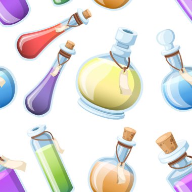 Seamless modeli. Sihirli iksir kümesi. Renkli sıvı şişe. Oyun simgesine sihirli iksiri. Mor iksir düz simgesi. Mana, sağlık, zehir ya da sihirli iksiri. Beyaz arka plan üzerinde vektör çizim.