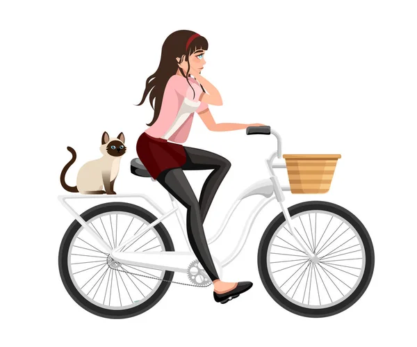 Vackra Kvinnor Cyklar Katten Sitter Cykel Tecknad Karaktärsdesign Flat Vektorillustration — Stock vektor