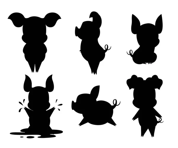 Schwarze Silhouette Niedliche Schweinesammlung Zeichentrickfiguren Design Kleine Schweine Verschiedenen Posen — Stockvektor