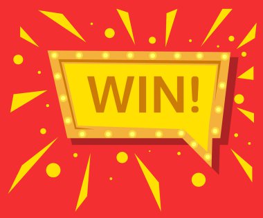 Kazanan işareti. Tebrikler afiş kazanmak. Düz vektör kazanan çizim. Konuşma ampul afiş kazanmak. Sarı konfeti kırmızı zemin üzerine. Vektör çizim.