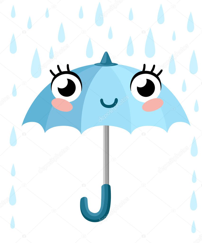 Blue umbrella mascot. Cartoon character design. Rain and smiling umbrella. Flat vector illustration isolated on white background.